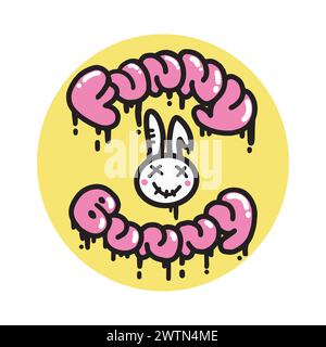 Simpatica bambola coniglietto con coniglio bianco con slogan graffiti in stile Street art. Scritta in stile Urban rosa. Illustrazione vettoriale. Adesivo hippie per magliette, carta da parati, custodia per telefono. Illustrazione Vettoriale