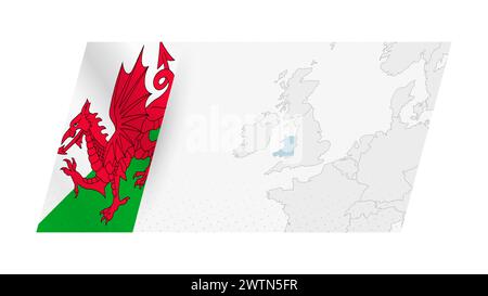 Mappa del Galles in stile moderno con la bandiera del Galles sul lato sinistro. Illustrazione vettoriale di una mappa. Illustrazione Vettoriale