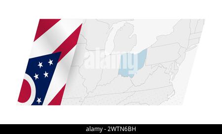 Mappa dell'Ohio in stile moderno con la bandiera dell'Ohio sul lato sinistro. Illustrazione vettoriale di una mappa. Illustrazione Vettoriale