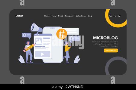 Aggregatori di notizie modalità notte o buia Web o landing page. Gestione centralizzata dei contenuti provenienti da diverse fonti per un pubblico globale informato. Accesso semplificato a vari contenuti multimediali. Illustrazione vettoriale. Illustrazione Vettoriale