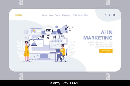 Innovazione nel Web di marketing o nella landing page. INTELLIGENZA ARTIFICIALE nel marketing. Team che utilizzano l'intelligenza artificiale per l'analisi dei dati e l'ottimizzazione delle campagne. Algoritmi futuristici migliorano le interazioni con i consumatori. Illustrazione Vettoriale