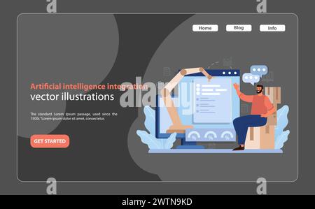 Integrazione con l'intelligenza artificiale. Uomo che interagisce con l'intelligenza artificiale e l'analisi dei dati in un ambiente retail, migliorando l'efficienza operativa. Illustrazione vettoriale piatta. Illustrazione Vettoriale