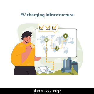 Illustrazione dello sviluppo dell'infrastruttura di ricarica EV. Una vivida rappresentazione vettoriale della rete globale in espansione di stazioni di ricarica per veicoli elettrici, che simboleggia il progresso. Illustrazione Vettoriale