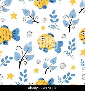 Motivo senza cuciture con pesce rosso e alghe Illustrazione Vettoriale