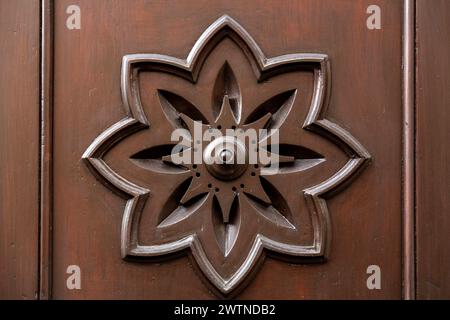 Dettaglio da una porta in legno con incisione a motivi floreali, frammento di porta in legno di stile europeo Foto Stock