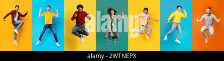 Un gruppo di giovani felicissimi che saltano a mezz'aria contro sfondi colorati di Studio Foto Stock