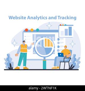 Concetto di servizi Internet. Analisi e monitoraggio dei siti Web. Analisi dettagliata dei dati e metriche delle prestazioni per il processo decisionale strategico. Migliorare l'esperienza utente attraverso informazioni approfondite. Illustrazione Vettoriale