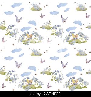 Dimentica me non i modelli primaverili con Fairy Garden e Clouds. Simpatici Fairies, Butterflies e Bugs. Carta da parati Garden Magic Fairy tale Nursery Foto Stock