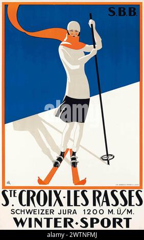 Poster da viaggio vintage per lo sport. Sport invernali, sci. STE. CROIX - LES RASSES. Svizzera, 1922 Foto Stock