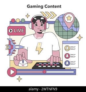 Concetto di contenuti di gioco. Gamer in streaming dal vivo, coinvolgente con la comunità online, eventi di eSport. Intrattenimento digitale interattivo. Illustrazione vettoriale piatta Illustrazione Vettoriale