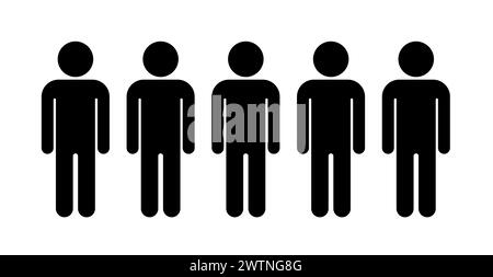 Gruppo uomo sei persone fila di icone nere vettoriali dell'infografica umana. Illustrazione del simbolo di sei persone per un gruppo. Illustrazione Vettoriale
