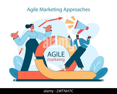 Concetto di approccio al marketing agile. Adottare flessibilità ed efficienza nelle moderne strategie di marketing. Lavoro di squadra dinamico in azione. Illustrazione vettoriale. Illustrazione Vettoriale