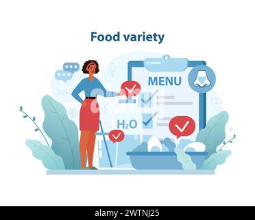 Illustrazione delle scelte dietetiche. Una donna si distingue per un menu di cibi e acqua diversi, sottolineando il significato di una dieta varia per la salute sensoriale e generale. Illustrazione Vettoriale