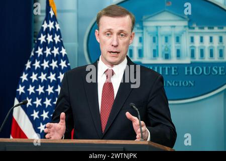 Washington, Stati Uniti. 18 marzo 2024. Consigliere per la sicurezza nazionale, Jake Sullivan parla ad un briefing alla White House Press Briefing Room di Washington. Credito: SOPA Images Limited/Alamy Live News Foto Stock