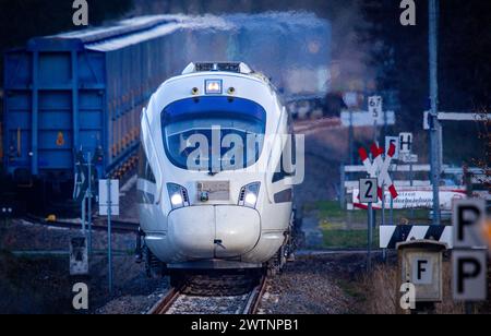 Alt Schwerin, Germania. 18 marzo 2024. Il treno di prova "Advanced TrainLab" della Deutsche Bahn è in funzione sul binario di prova per il progetto ferroviario 5G. Il progetto, al quale partecipano Telefónica (O2), Deutsche Bahn, Ericsson e Vantage Towers, mira a testare le possibilità di utilizzare lo standard di comunicazione mobile 5G sui viaggi in treno. Ciò dovrebbe migliorare significativamente la ricezione dei telefoni cellulari durante i viaggi in treno. Crediti: Jens Büttner/dpa/Alamy Live News Foto Stock