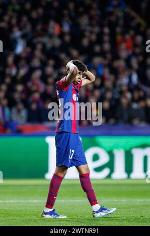 Barcellona, Spagna. 12 marzo 2024. Lamine Yamal in azione durante la partita di UEFA Champions League tra FC Barcelona e SSC Napoli all'Estadi Olim Foto Stock