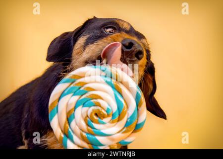 Un piccolo cane crossbreed simpatico che lecca un lolli di fronte al colorato sfondo giallo dello studio Foto Stock