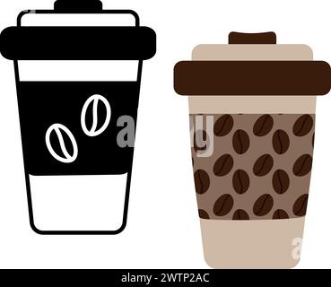 Disegni in bianco e nero e tazze da caffè usa e getta con chicchi di caffè. Logo. Icona. Adesivo. Idea dell'elemento di design del Coffee Day Greetings. EPS. Vettore per puntatore o schede, poster, etichetta prezzi, Web Illustrazione Vettoriale