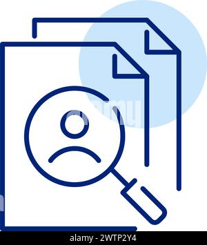 Ricerca di reclutamento tramite la valutazione del curriculum. Pila di documenti cv e lente di ingrandimento. Icona del processo di ricerca della testa HR Illustrazione Vettoriale