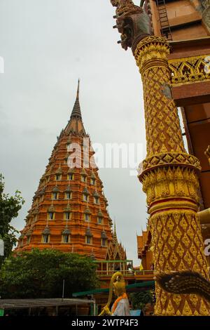 Tempio della grotta della tigre Wat Tham Suea a Kanchanaburi, Thailandia, con risaia verde in una giornata nuvolosa Foto Stock