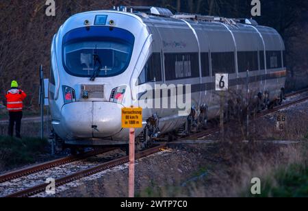 Alt Schwerin, Germania. 18 marzo 2024. Il treno di prova "Advanced TrainLab" della Deutsche Bahn è in funzione sul binario di prova per il progetto ferroviario 5G. Il progetto, al quale partecipano Telefónica (O2), Deutsche Bahn, Ericsson e Vantage Towers, mira a testare le possibilità di utilizzare lo standard di comunicazione mobile 5G sui viaggi in treno. Il 5G potrebbe migliorare significativamente la ricezione dei telefoni cellulari durante i viaggi in treno. Crediti: Jens Büttner/dpa/Alamy Live News Foto Stock