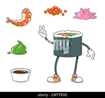 Cartoni animati retro divertente Groovy personaggio giapponese roll. Personalità asiatica vettoriale isolata, gastronomica giapponese con grandi occhi espressivi e un sorriso gioioso, che mostra un gesto di pace, irradiando divertimento e stile culinario Illustrazione Vettoriale