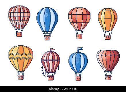 palloncini ad aria calda da 8 bit, risorsa per videogame arcade. Set vettoriale isolato di trasporto aereo in stile vintage pixelated. Grafica videoludica nostalgica, dirigibili retrò colorati o aerostati con cestelli Illustrazione Vettoriale
