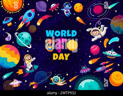 World ufo Day, cartoon Flying saucer e personaggi alieni nello spazio. Striscione vettoriale con un astronauta ragazzino che cavalca un razzo e personaggi extraterrestri, esplora meraviglie sconosciute della galassia Illustrazione Vettoriale
