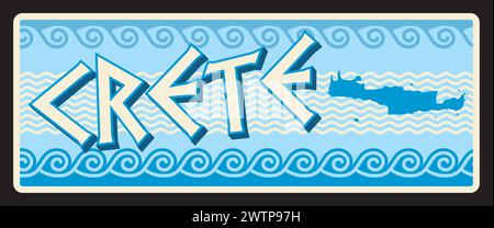 Isola di Creta in Grecia, territorio greco. Targhetta o adesivo vettoriale da viaggio, insegna in stagno vintage, cartolina o cartello di viaggio retrò, targhetta per bagagli. Targa ricordo con mappa e ornamenti Illustrazione Vettoriale