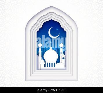 Moschea araba tagliata di carta finestra islamica, sfondo di saluto natalizio ramadan kareem. cornice a strati ad arco vettoriale 3d con luna e notte l'antica città araba celebra la stagione santa e lo spirito del sacrificio Illustrazione Vettoriale