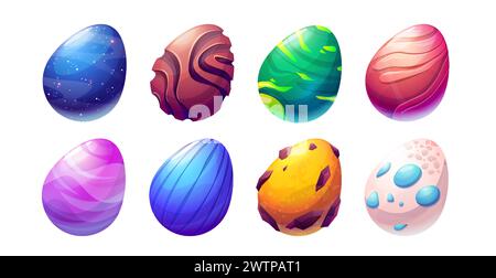 Deliziose uova di dinosauro colorate e fantasiose. Serie di illustrazioni vettoriali cartoni animati con icona di Pasqua colorata e decorata. Uovo di nido ovale di animali da favola del periodo giurassico infantile. Illustrazione Vettoriale