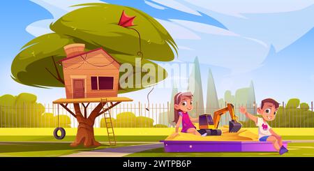 Cortile con bambini e bambini che giocano con il giocattolo da escavatore in una scatola di sabbia vicino alla casa dei bambini su un albero verde con pneumatici altalena e scala. Parco giochi estivo Cartoon Vector con sandpit e clubhouse di arrampicata. Illustrazione Vettoriale