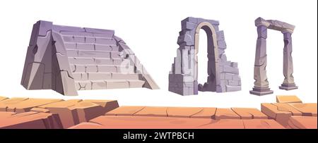 Rovine in pietra di antichi edifici in pietra rotti. Ingresso e scale in mattoni ad arco. Le illustrazioni vettoriali dei cartoni animati rappresentano pezzi di architettura abbandonata e la costruzione di un vecchio tempio. Illustrazione Vettoriale