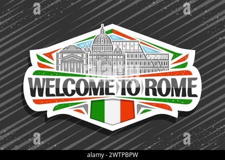 Logo vettoriale per Roma, etichetta decorativa bianca con contorno raffigurante il famoso paesaggio europeo di roma sullo sfondo del cielo, art design urbano rif Illustrazione Vettoriale