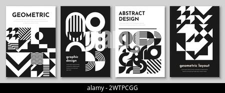 Set di poster vettoriali con motivo geometrico astratto monocromatico. Cerchi, quadrati e triangoli forme, linee, punti e archi composizione grafica moderna. BL Illustrazione Vettoriale