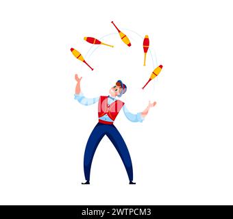 Il personaggio del giocoliere del circo dei cartoni animati giocherà con maces colorate. Un attore vettoriale isolato o un artista si esibisce in una grande arena, lanciando e catturando stic Illustrazione Vettoriale