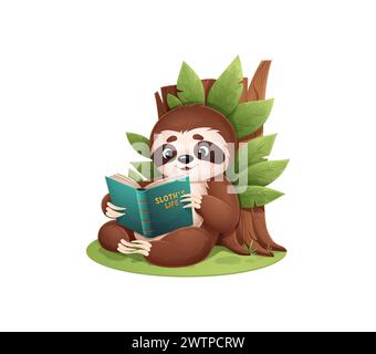 Cartoni animati carino libro di lettura dei personaggi, vettoriale divertente orso della giungla. Carino bradipo legge un libro di vita da bradipo seduto su un albero nella foresta, allegro esotico sl Illustrazione Vettoriale