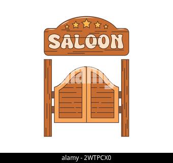 Porta saloon occidentale, fatta di porte oscillanti in stile batwing. Isolato bar vettoriale dei cowboy con ingresso e uscita in legno con stelle in alto Illustrazione Vettoriale