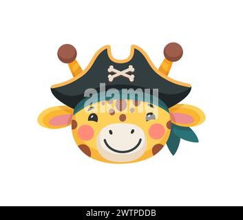 Cartoni animati giraffa animale pirata e corsaro. Marinaio, skipper e personaggio del boatswain con espressione giocosa del viso, indossa bandana e cappello da capitano. Bella ba Illustrazione Vettoriale