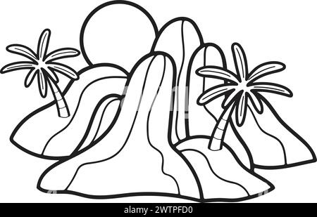 Isola e cascata disegnate a mano in stile piatto e isolate sullo sfondo Illustrazione Vettoriale