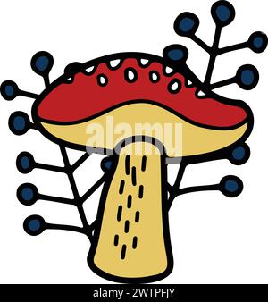 Funghi disegnati a mano o funghi velenosi in stile piatto isolati sullo sfondo Illustrazione Vettoriale
