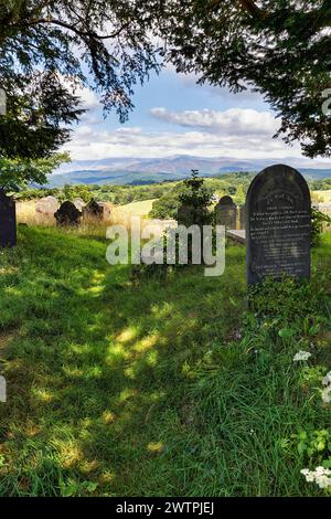 Vecchie lapidi in un prato, tombe in un cimitero, St Garmons Church, Capel Garmon, Conwy, Galles, gran Bretagna Foto Stock