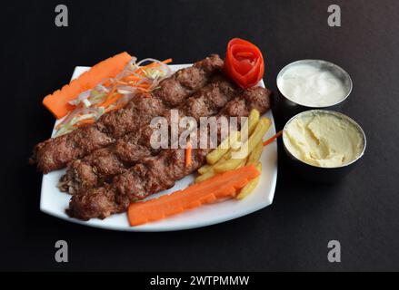 Il Mutton Seekh Kebab è una prelibatezza Mughlai preparata con montone tritato, cipolle e una miscela di spezie, insieme a patatine fritte, insalata e maionese. Foto Stock