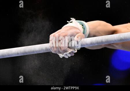 Ginnastica, ginnastica artistica, uomini, caratteristica, dettaglio, primo piano, cinghie, protezione del polso, mano su barra alta, barra orizzontale, magnesia, EnBW DTB-Pokal Foto Stock