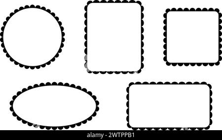 Set di cornici tonde, quadrate, rettangolari e ovali con bordi mossi. Tag, etichette, adesivi, modelli di caselle di testo con bordi scalpello isolati su sfondo bianco. Illustrazione grafica vettoriale. Illustrazione Vettoriale