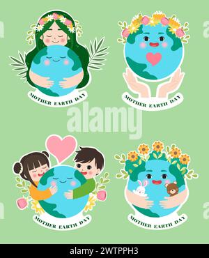 set di adesivi cartoon earth day. Protezione dell'ambiente. Salvare il pianeta verde e il concetto di ecologia. Protezione ambientale della giornata della Terra Illustrazione Vettoriale