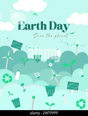 Banner Earth Day, sfondo con nuvole e icone ecologiche in stile tagliato in carta per stampe, volantini, copertine, design striscioni. Concetti ecologici. Vettore Illustrazione Vettoriale