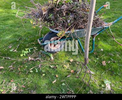 carriola con rifiuti da giardino in giardino su un prato Foto Stock