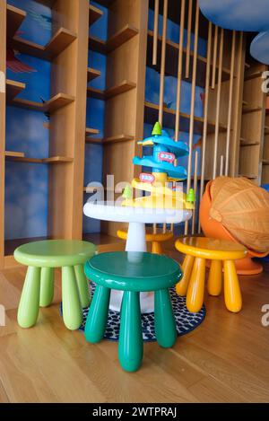 Mobili in plastica colorati e luminosi per bambini in piedi sul parco giochi. Sedie di plastica, tavolini e giocattoli. Vista dell'angolo bambini. Foto Stock