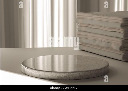 podio per il posizionamento del prodotto. La luce solare soffusa filtra attraverso le tende bianche, proiettando ombre delicate sul podio e pile di morbidi asciugamani impilati Foto Stock